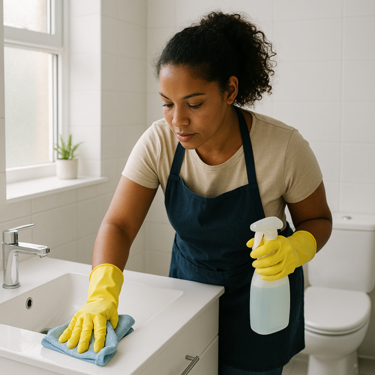 Bathroom Cleaning A woman of medium build with medium‑brown skin tone cleaning a bright, modern bathroom. She’s wiping down a white countertop near a sink with a microfiber cloth. Natural daylight from a window creates soft shadows. The scene is clean, simple, and realistic — no branding, no text.