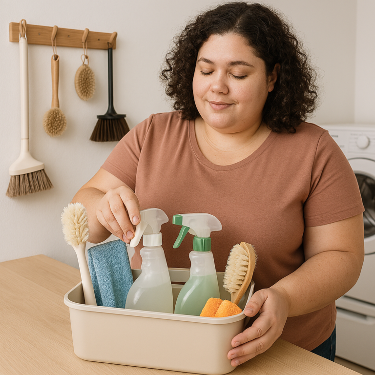 Cleaning Tools A plus‑size woman with light skin and curly hair organizing cleaning tools in a laundry room. She’s placing spray bottles, brushes, and microfiber cloths into a neutral‑colored caddy. Soft, even lighting and a clean background keep the focus on the tools.