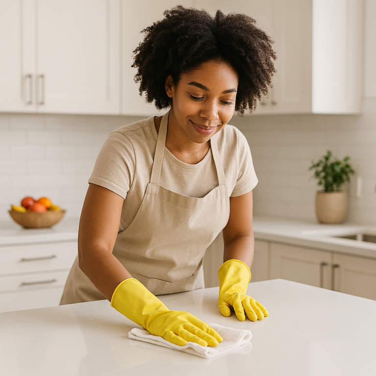 Kitchen Cleaning A woman with dark skin and natural hair wiping down a kitchen island with a cloth. The kitchen is bright, minimal, and modern with neutral tones. A bowl of fruit or a plant is visible in the background for warmth. No logos or product labels.