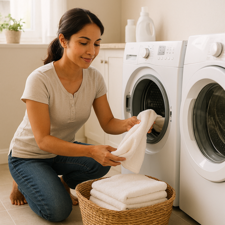 Laundry Care A petite woman with tan skin loading towels into a front‑loading washing machine. The laundry room is clean and bright with soft natural light. A basket of neatly folded linens sits nearby. No visible brands on appliances.