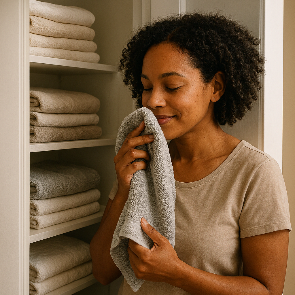 A woman with medium‑dark skin opening a linen closet and checking towels for freshness. She’s smiling slightly, with soft natural light illuminating the shelves. Clean, folded linens create a tidy, realistic scene.
