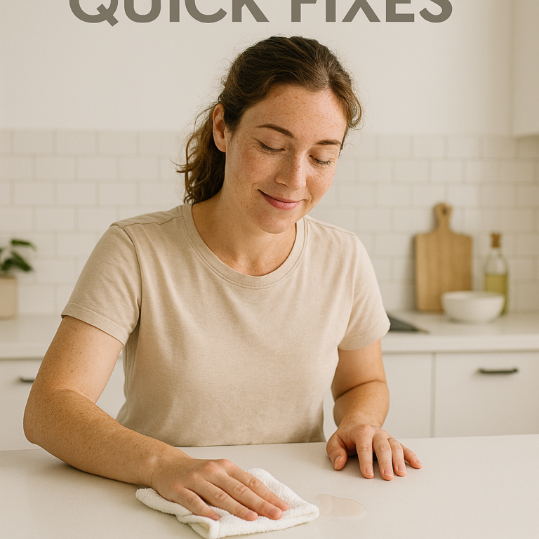 Quick Fixes A woman with light skin and freckles performing a simple household fix — such as wiping a small spill on a countertop. The scene is bright, minimal, and relatable, showing a quick, everyday cleaning moment.