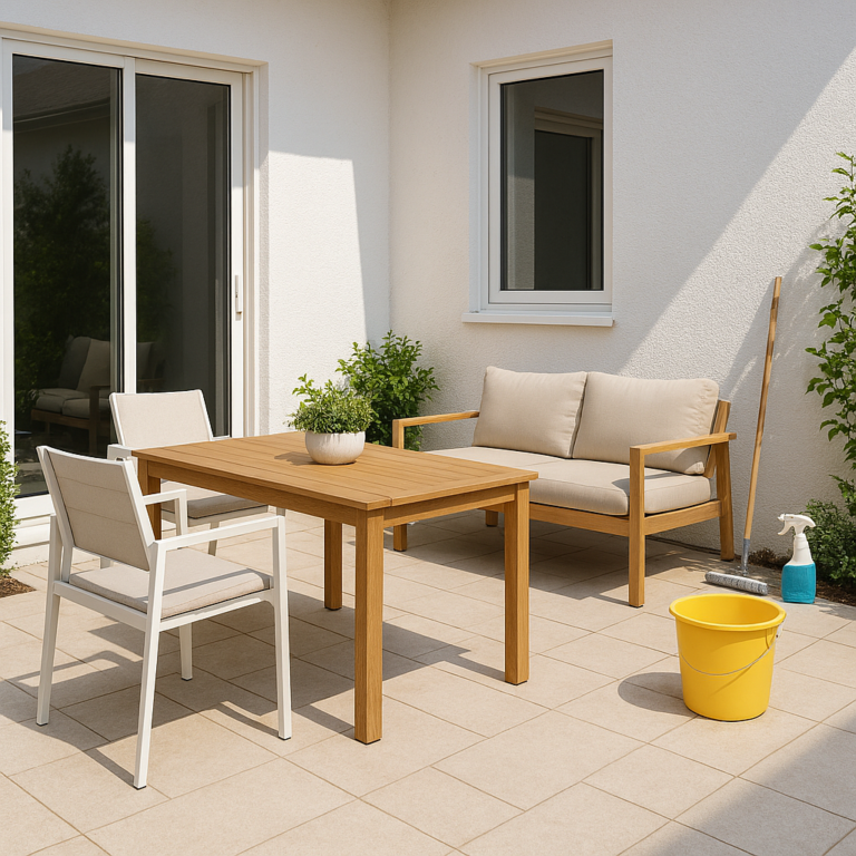 Clean outdoor patio scene with neatly arranged furniture, bright natural lighting, subtle cleaning supplies nearby, modern and minimal style, crisp and inviting, no people.